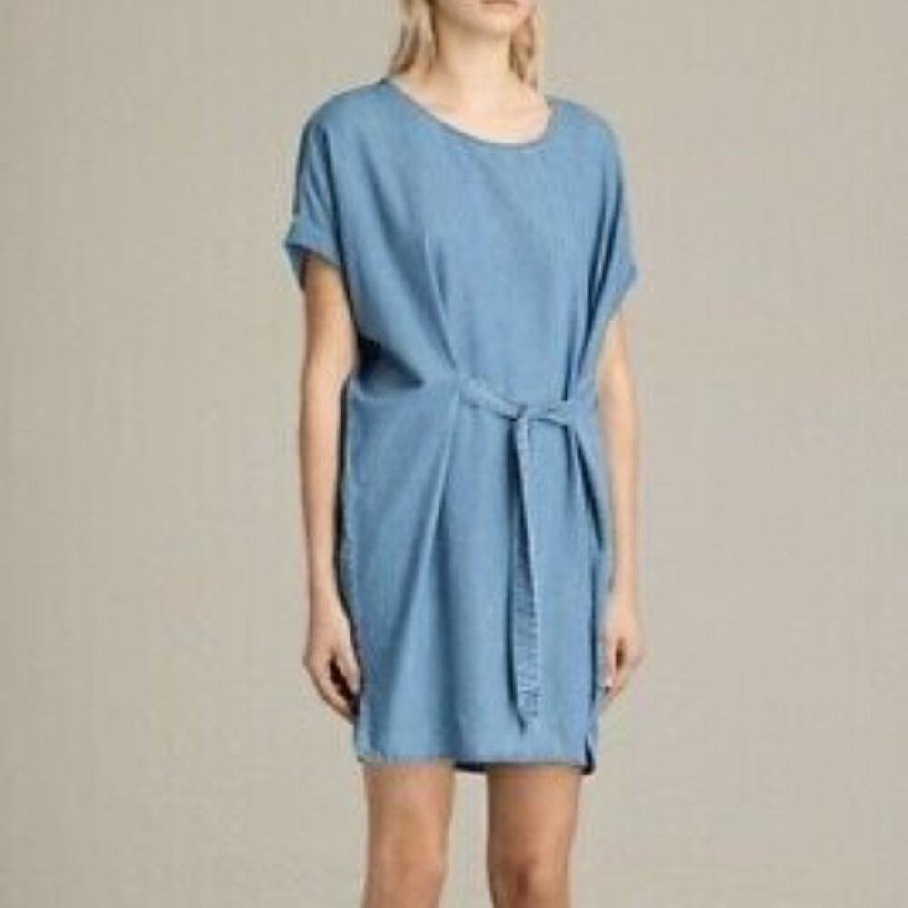 All Saints Chambray Sonny Tie Front Cap Sleeve Denim Dress Sz Small